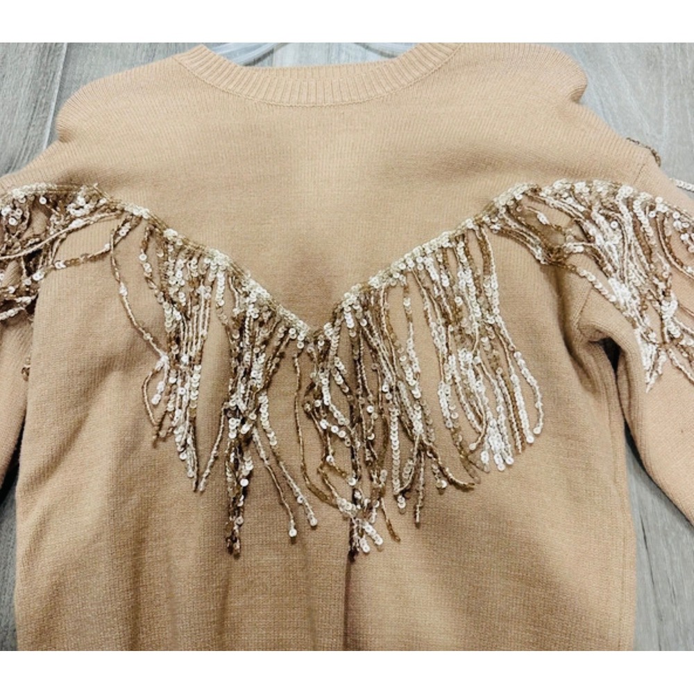 Fate Women Sequin Fringe Knit Sweater Camel Tan Western Crew Neck NWT XS